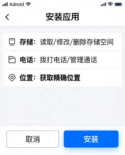 安卓手机安装APK文件时的系统确认界面截图，显示应用权限和安装按钮