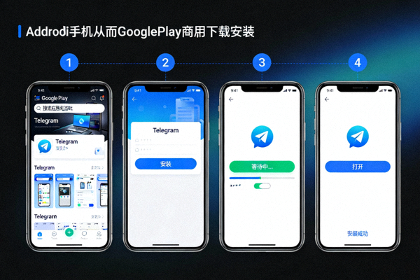 安卓手机屏幕截图，展示从Google Play商店下载和安装Telegram的过程