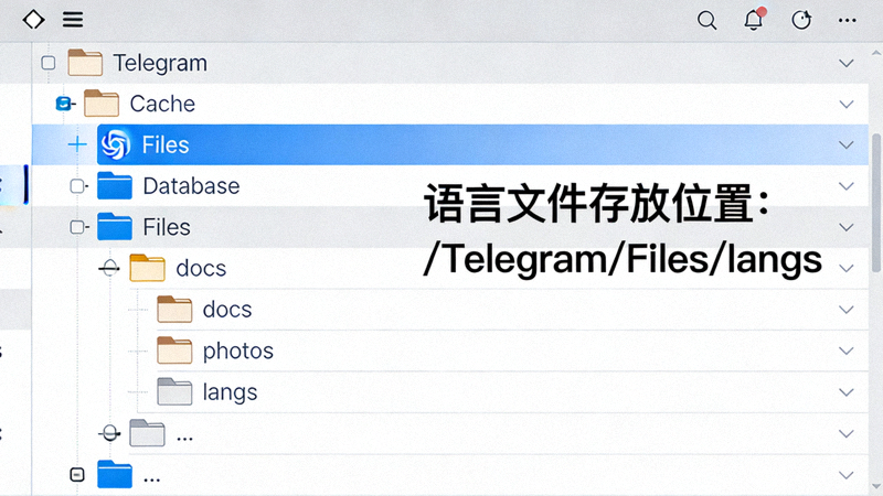 安卓文件管理器内Telegram数据目录结构示意图，标注语言文件存放位置