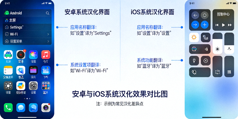 安卓与iOS系统汉化效果对比图，展示不同平台汉化界面差异