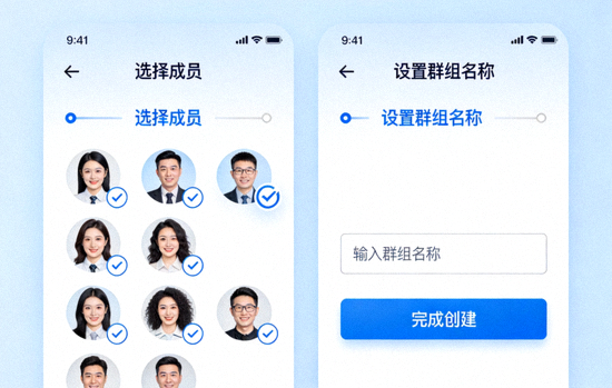 创建新群组界面，展示选择成员和设置群组名称的步骤