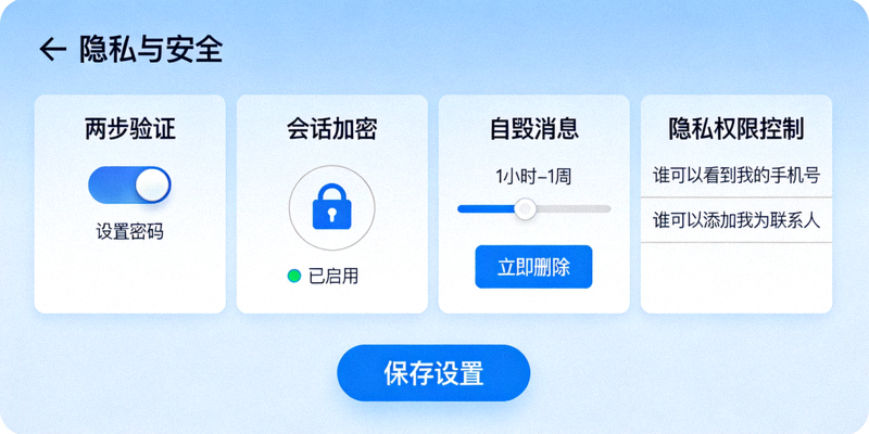 电报安全使用与隐私保护设置界面截图，展示两步验证、会话加密、自毁消息和隐私权限控制选项