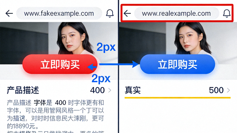 仿冒官网与真实官网对比图：高亮显示域名差异与界面细微区别