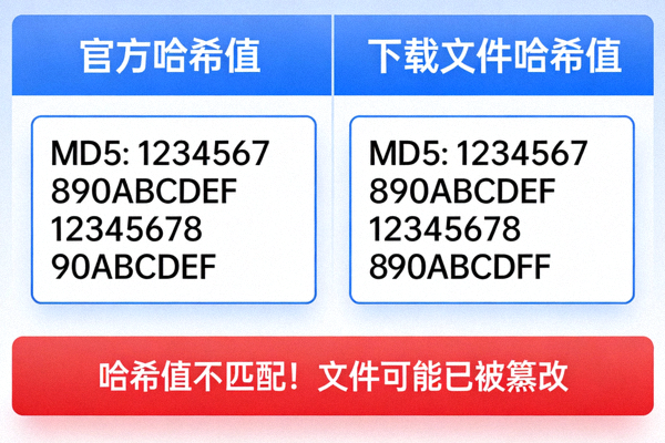 哈希值比对示例图：显示官方哈希值与下载文件哈希值的对比界面，突出差异提示