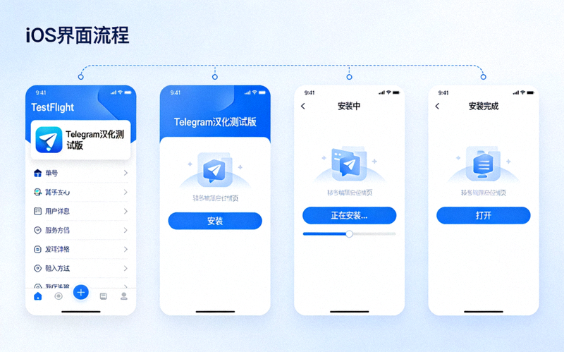 iOS设备上通过TestFlight应用安装Telegram汉化测试版的界面流程