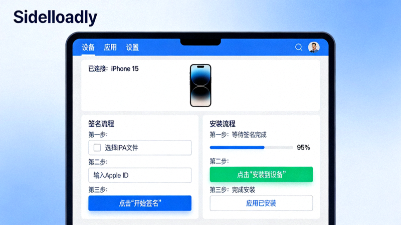 Sideloadly工具在电脑上的操作界面示意图，展示签名与安装流程
