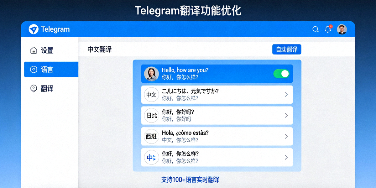 Telegram翻译功能与中文设置界面优化展示图，显示多语言消息翻译效果