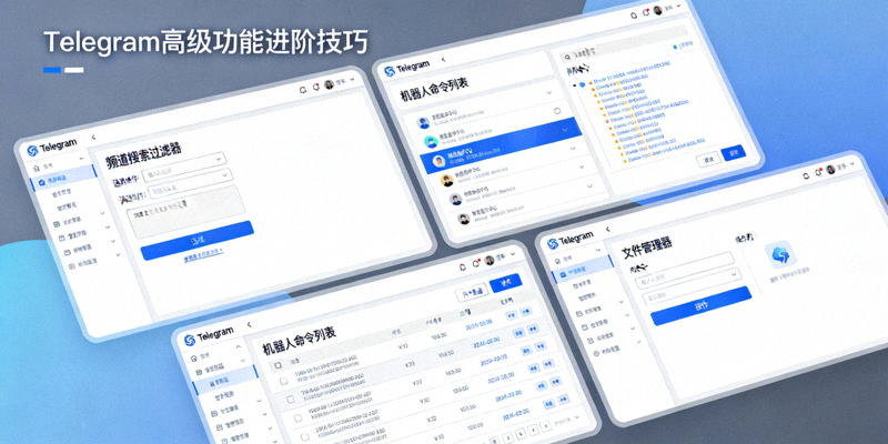 Telegram高级功能进阶技巧界面截图，展示频道搜索过滤器、机器人命令列表和文件管理器的使用界面