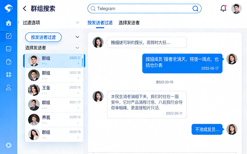 Telegram群组内部搜索界面，展示按发送者过滤搜索结果的步骤