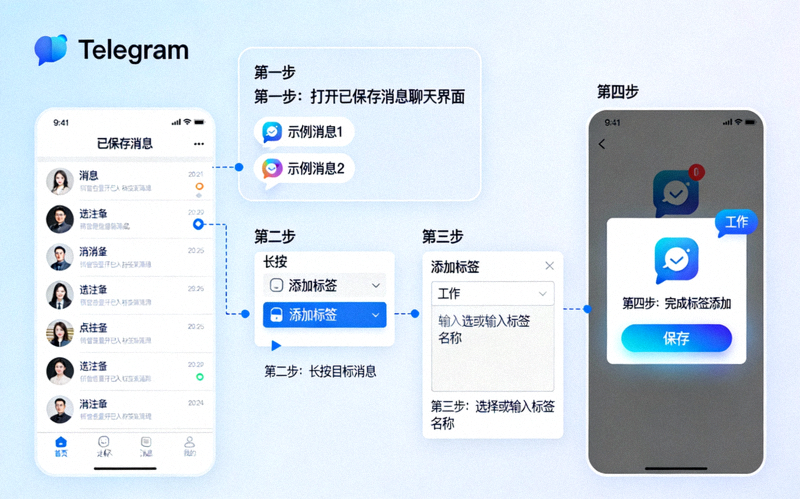 Telegram已保存消息聊天界面，展示如何为消息添加分类标签进行管理