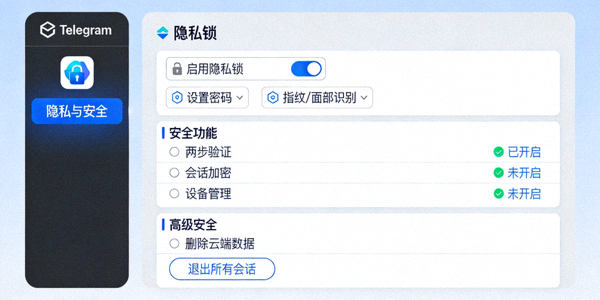 Telegram隐私锁与安全功能设置界面示意图