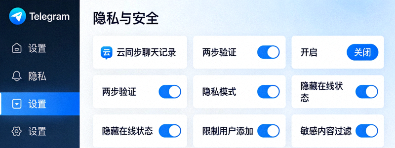 Telegram隐私与安全设置总览界面截图，展示多项开关选项