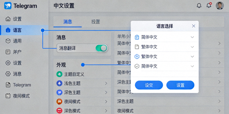 Telegram中文界面设置教程截图，展示语言选择、消息翻译按钮和主题自定义选项的详细位置