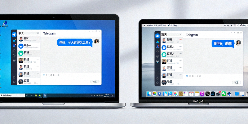 Windows和macOS电脑桌面上运行Telegram桌面版的界面，侧边栏和聊天窗口均为中文