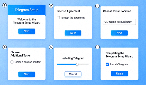 Windows系统安装界面截图，展示Telegram安装向导的步骤