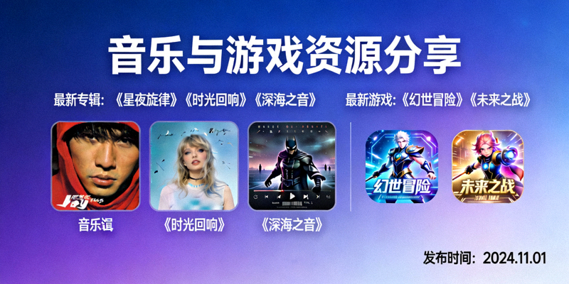 音乐与游戏资源分享频道截图，展示最新的专辑与游戏发布