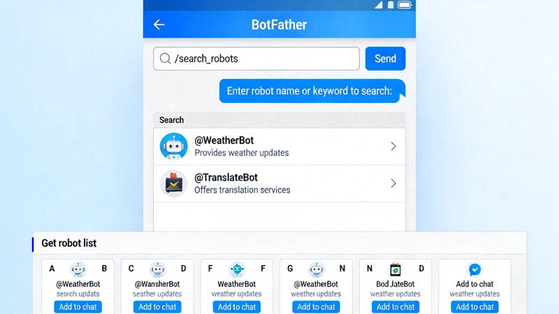 与官方BotFather机器人对话的界面截图，展示如何搜索和获取机器人列表