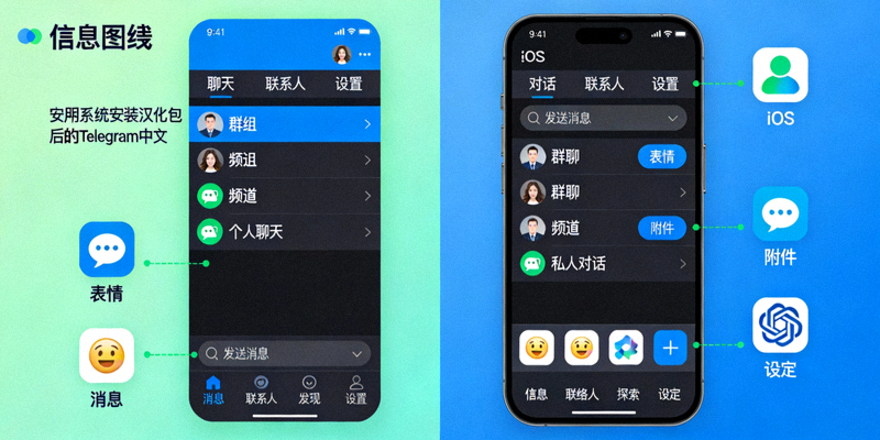 展示安卓与iOS系统安装汉化包后的Telegram中文界面效果对比